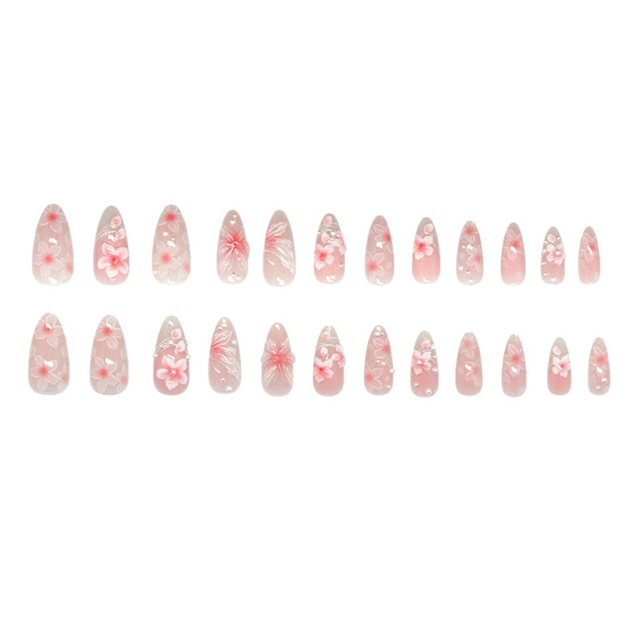 Press on Nails Almond Medium Pink Fake Nails French Tip False Nails Press ons with Flowers Design Glue on Nails Artificial Acrylic Nail Art Glossy Full Cover Stick on Nail Supplies for Women 24Pcs