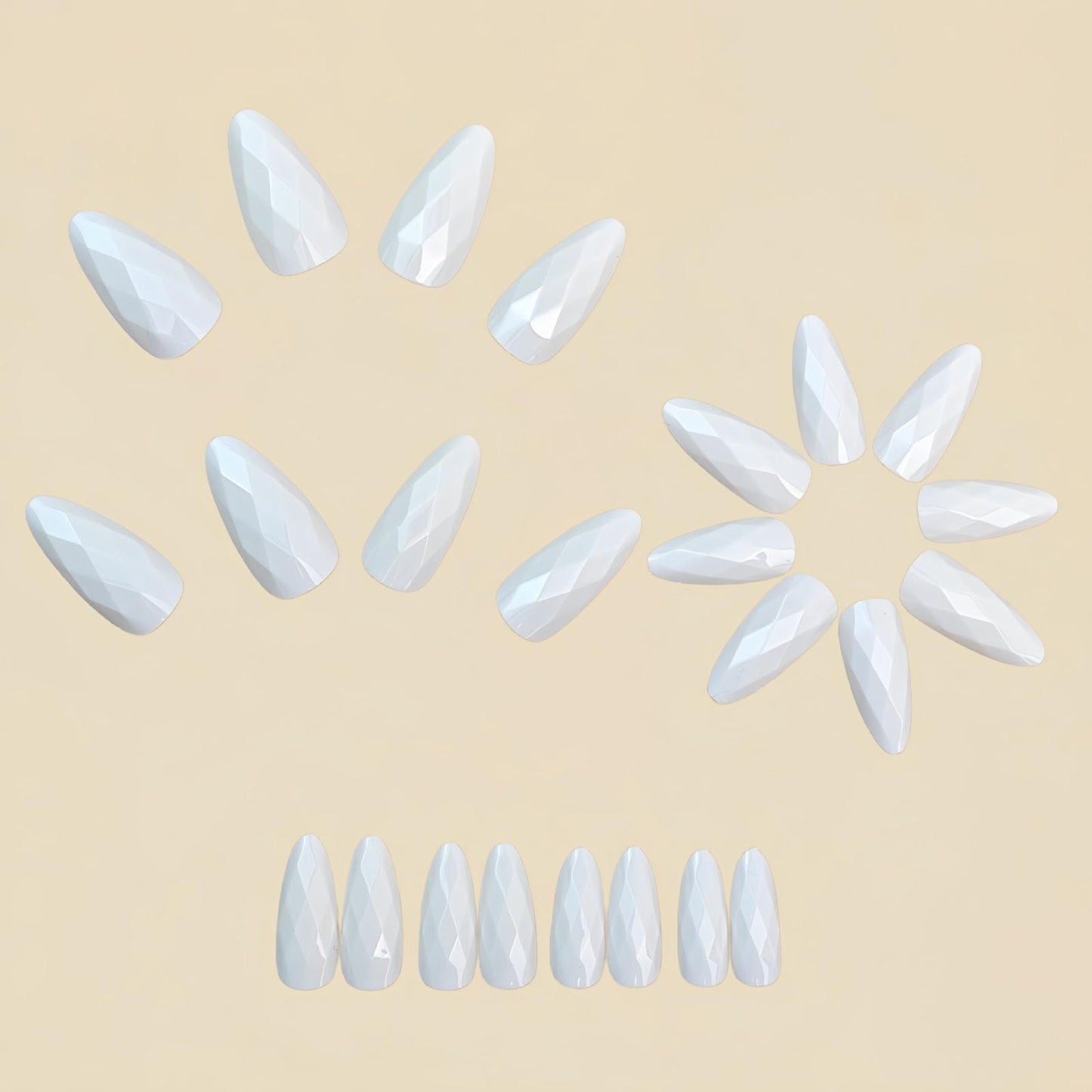 RUOKEXIN Almond Press on Nails Medium Length Fake Nails White Chrome False Nails with 3D Rhombus Designs Full Cover Nail Press ons Sparkly Artificial Nails for Women 24Pcs