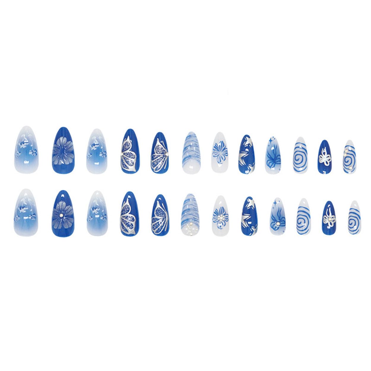 Press on Nails Almond Medium Blue Fake Nails French Tip False Nails Press ons with Butterfly Design Glue on Nails Artificial Acrylic Nail Art Glossy Full Cover Stick on Nail Supplies for Women 24Pcs