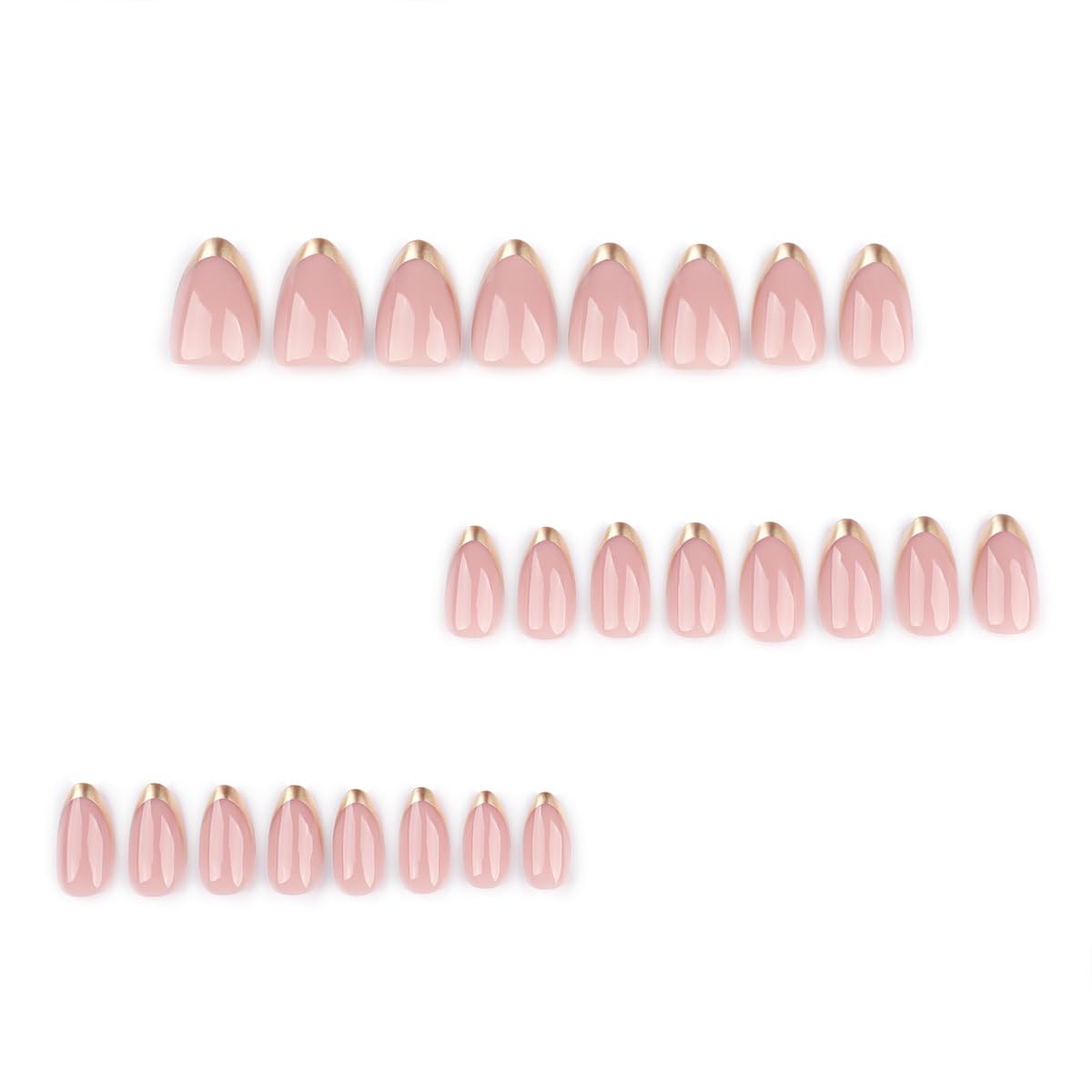 Mivota Almond Press On Nail Short, Pink Fake Nails with Elegantly Crafted Gold French Tips, Glossy Gel Finish, Thick Natural Reusable Glue On Nails Kit for Women 24Pcs, Golden Chic