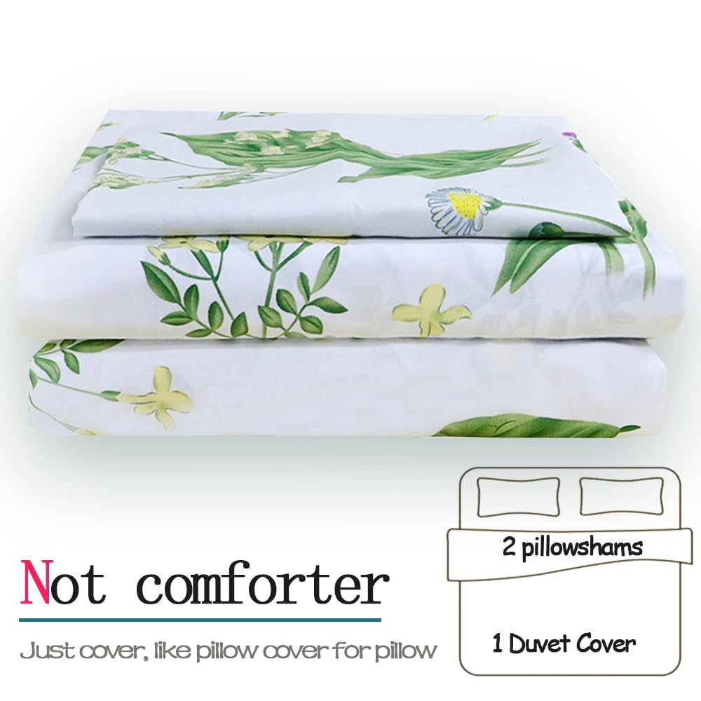 FADFAY Duvet Cover Set Full Shabby Green Daisy and Lavender Flowers Botanical Comforter Cover 100% Cotton with Hidden Zipper Closure 3-Piece, 1 Duvet Cover & 2 Pillowcases Full Size