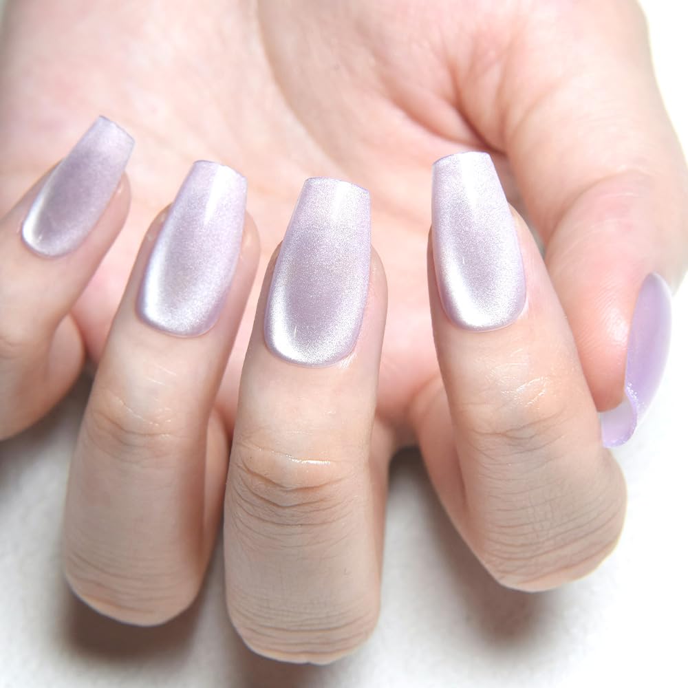evpct Cat Eye Coffin Press on Nails Medium Square No Glue, Medium Square Stick on Nails for Women, Light Lavender Purple Metallic Glitter Glossy Reusable Spring Summer Press on Fake Nail with Designs
