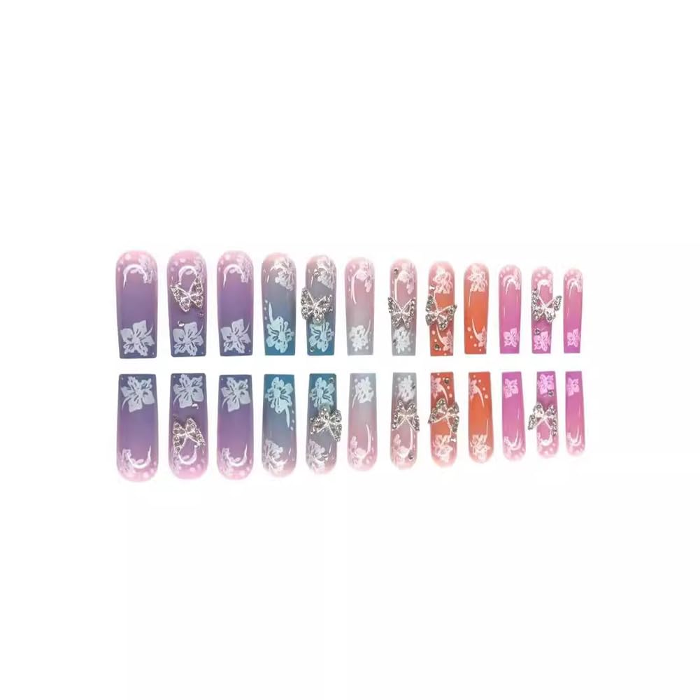 48Pcs Hrnsnails Long Square Press On Nails and French Tip Press On Toenails, Girls Fake Nails with 3D Silver Butterfly White Flowers Design, Acrylic Artificial False Stick On Nails for Women