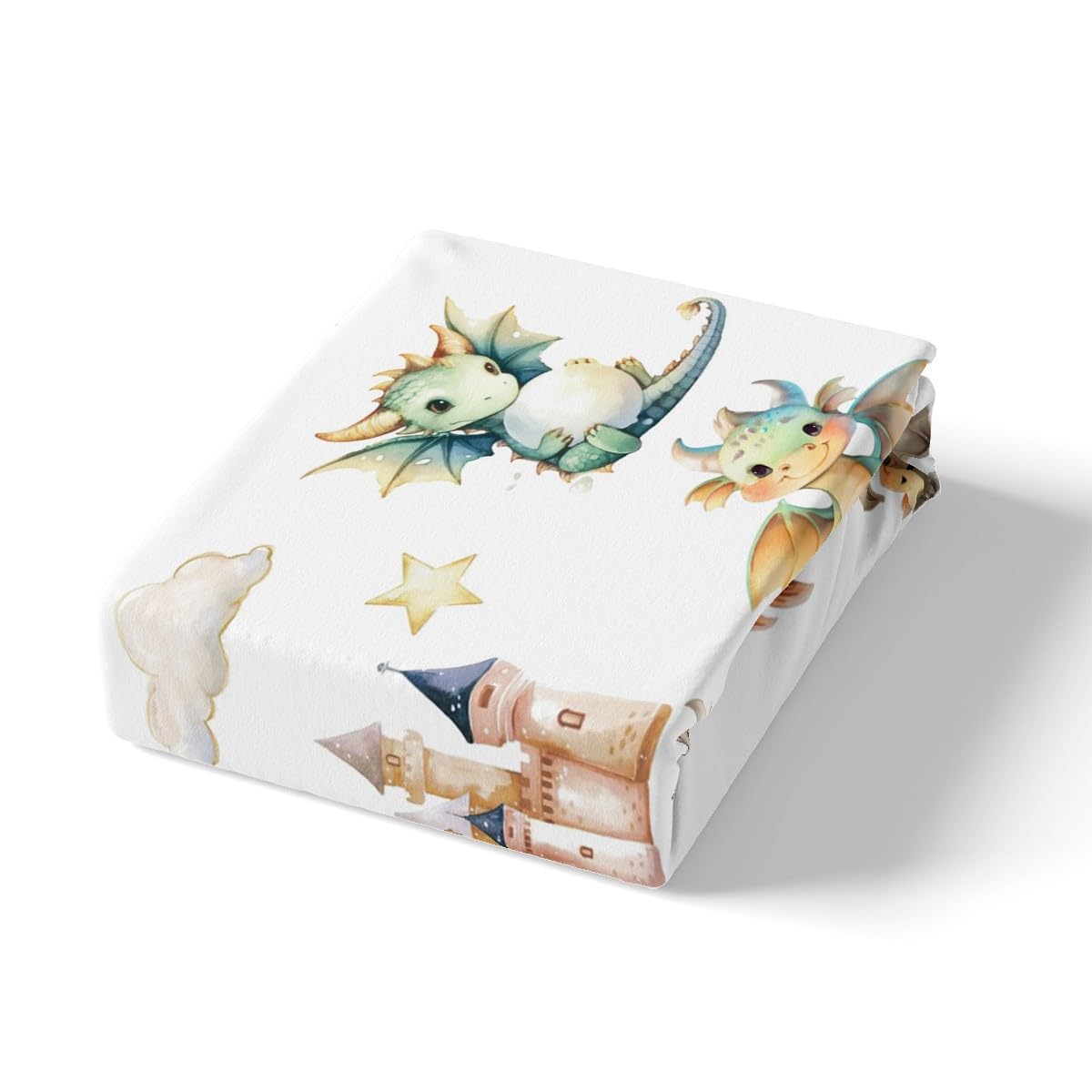 Kawaii Dragon Kids Fitted Sheet Twin Size,Western Dragon Castle Princess Bedding Set,Boys Girls Room Decor,Cartoon Animal Wildlife Bed Cover,White Bed Sheet,1 Pillowcase