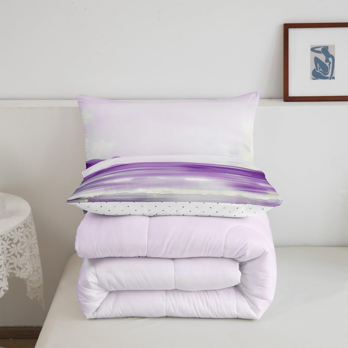 Erosebridal Abstract Beach Comforter Set King Size Purple Oil Painting Bedding Set for Women Girls Ocean Sea Wave Lake Comforter Romantic Summer Natural Landscape Hawaii Quilt