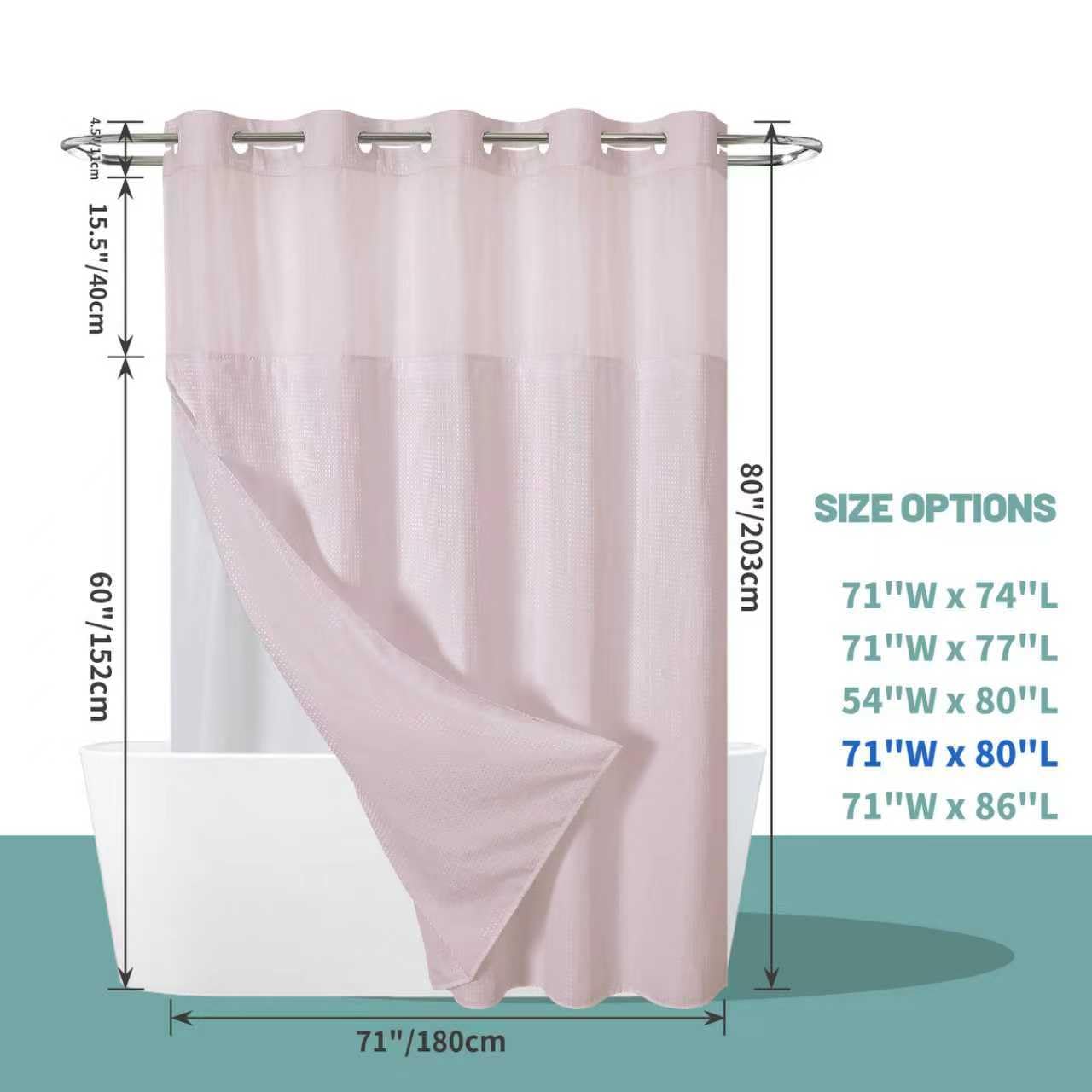 eachope BlushPink Long No Hook Waffle Weave Shower Curtain with snap-in Liner Replacement, 230GSM Waterproof Fabric Hotel Shower Curtain Set for Bathroom, Through Mesh Top Window,71Wx80H