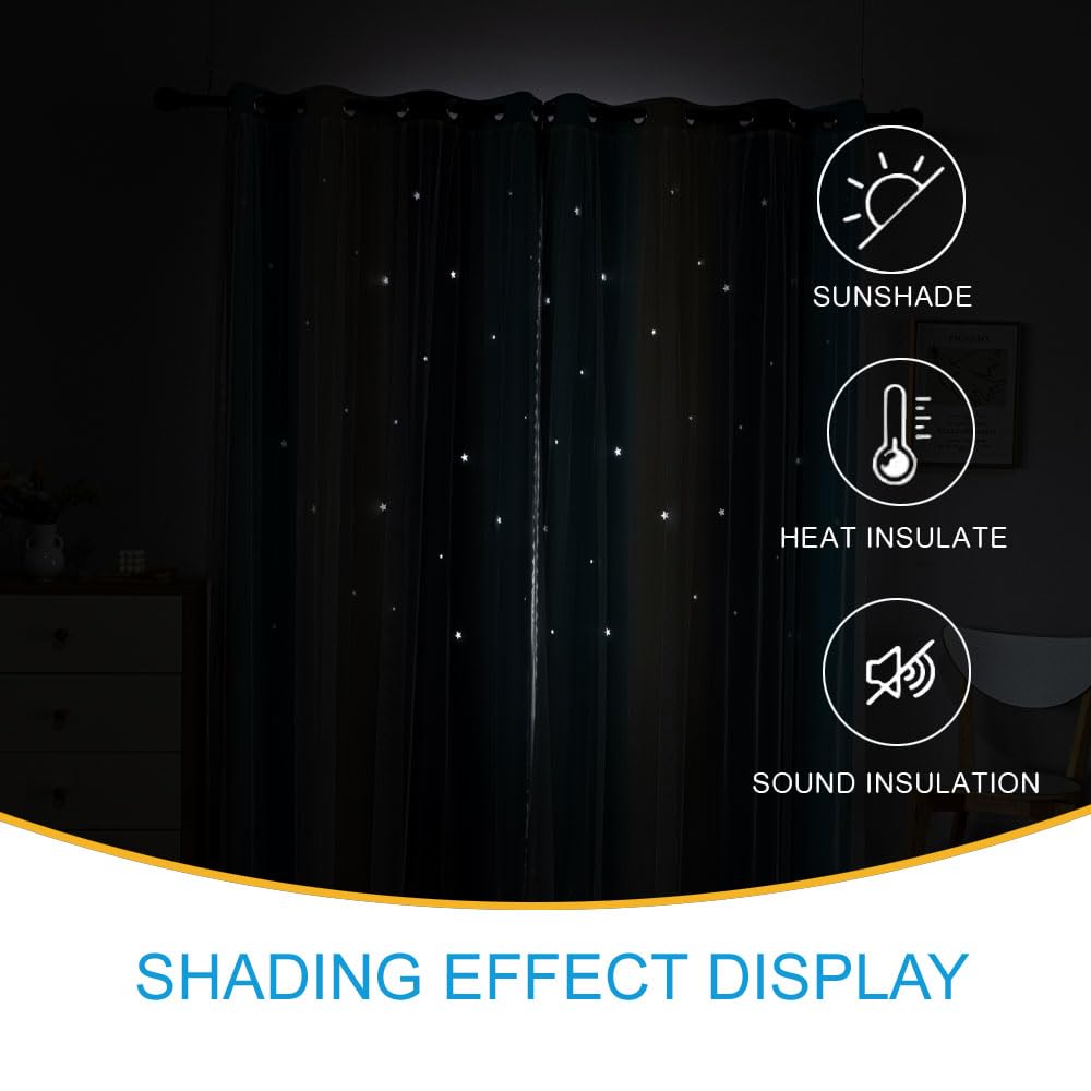 conokata Star Girl and Kids Curtains for Bedroom Rainbow Ombre Double Layer Cute Shot Nursery Darkening Grommet Princess Room Décor 2 Panels Living Room Window Curtain (Yellow-Blue, 52W x 63L)