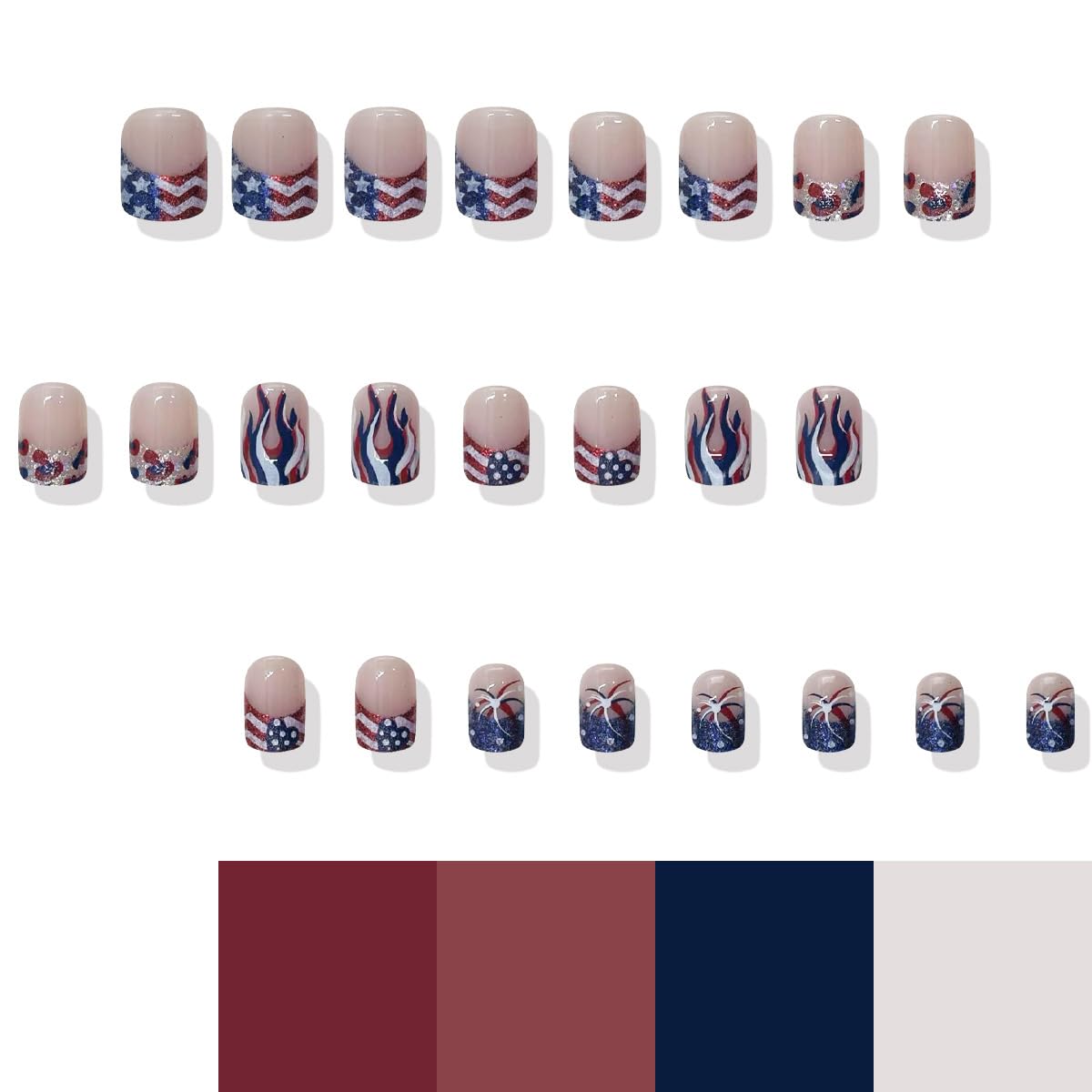 24Pcs 4th of July Press on Nails Short Square French Tip Fake Nails with Designs Glitter Heart Flame Firework Nails Tip False Nails Artificial Glue on Nails for Women DIY Independence Day Nails