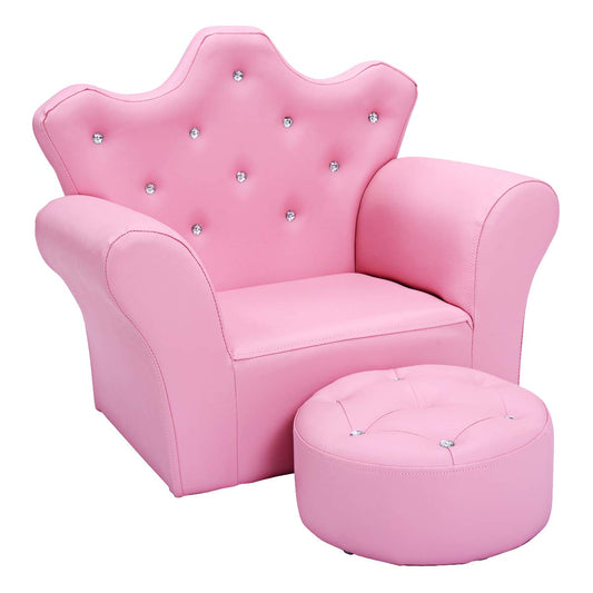 Costzon Kids Sofa, Children Upholstered Sofa with Ottoman, Princess Sofa with Diamond Decoration, Ottoman, Smooth PVC Leather Toddler Chair, Kids Pink Couch for Preschool Boys and Girls Gift (Pink)