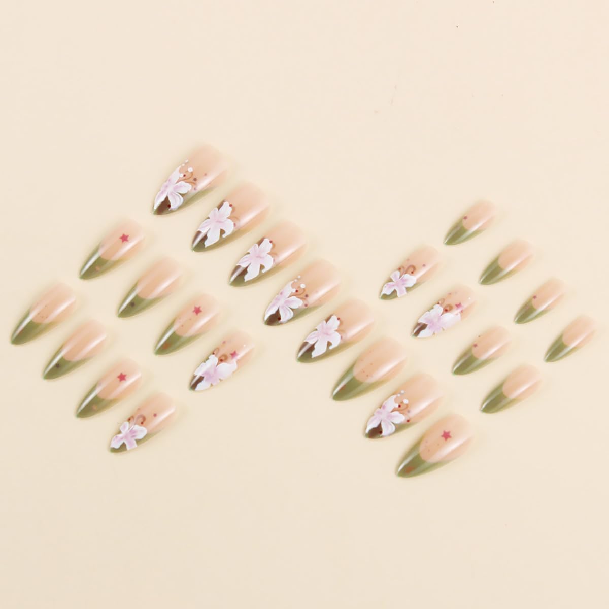 24Pcs Green French Tip Press on Nails Medium Almond Flower Fake Nails with Colour Star Glitter Design Spring False Nails Full Cover Artificial Glue on Nails Glossy Stick on Nails for Women Manicure