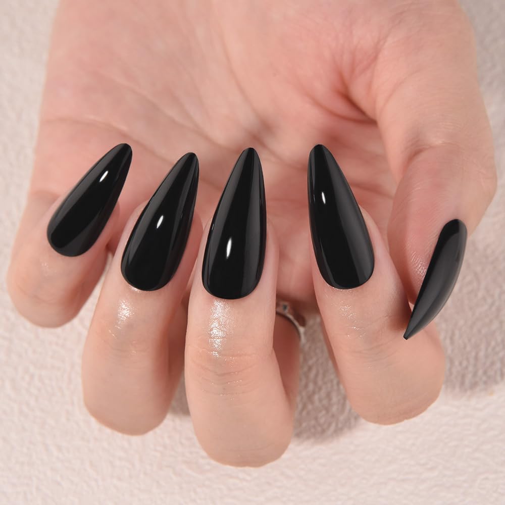 evpct Black Glossy Press on Nails Medium Almond, Glossy Black Fake Nails False Nail Pure Color with Kit, Salon Quality Soft Gel Stick on Acrylic False Soft Nails Reusable Full Cover for Women Manicure