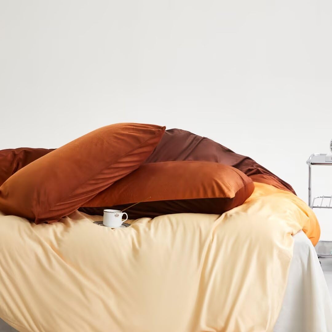 CLOTHKNOW Dark Orange Velvet Duvet Cover Set Queen 3Pcs Orange Yellow Bedding Sets Rust Beige Fluffy Bedding Duvet Cover Sets Queen Soft Flannel Bedding Queen Sets