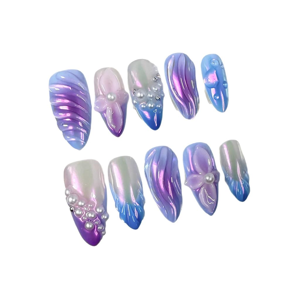 Handmade Press on Nails Almond Fake Nails Medium False Nail 3D Flower and pearl Embossed Sparkly Purple Artificial Nails for Women 10pcs (Size M）