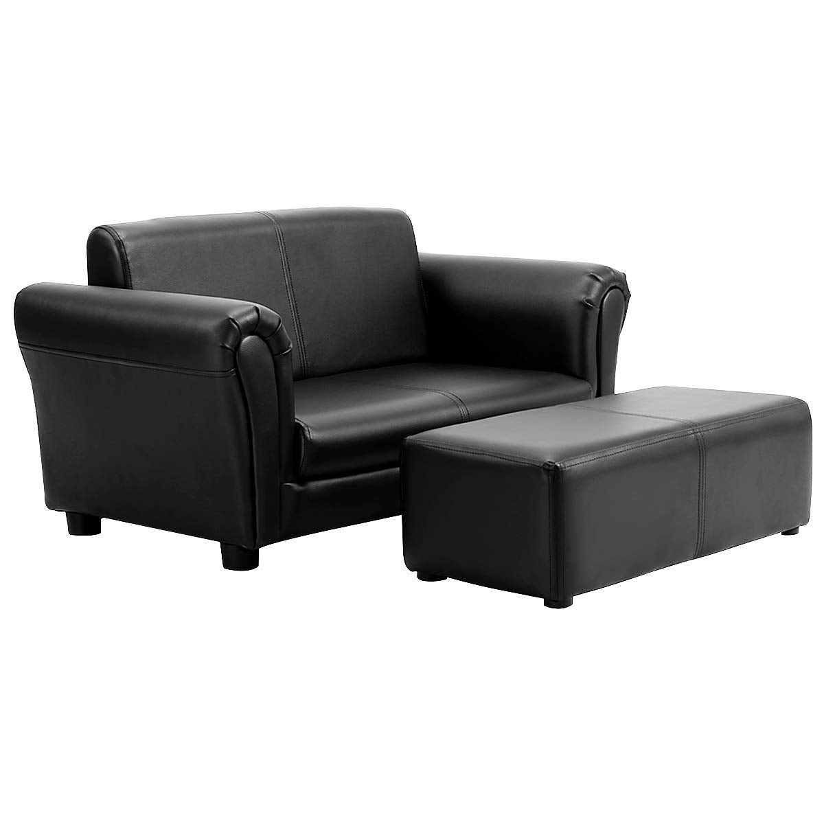 Costzon Kids Couch with Footstool, 2 in 1 Double Seat Children's Sofa w/PU Leather Surface, Armrest Chair Lounge, Soft Kids Sofa for Preschool Bedroom Kids Room Toddlers Boys Girls Birthday (Black)