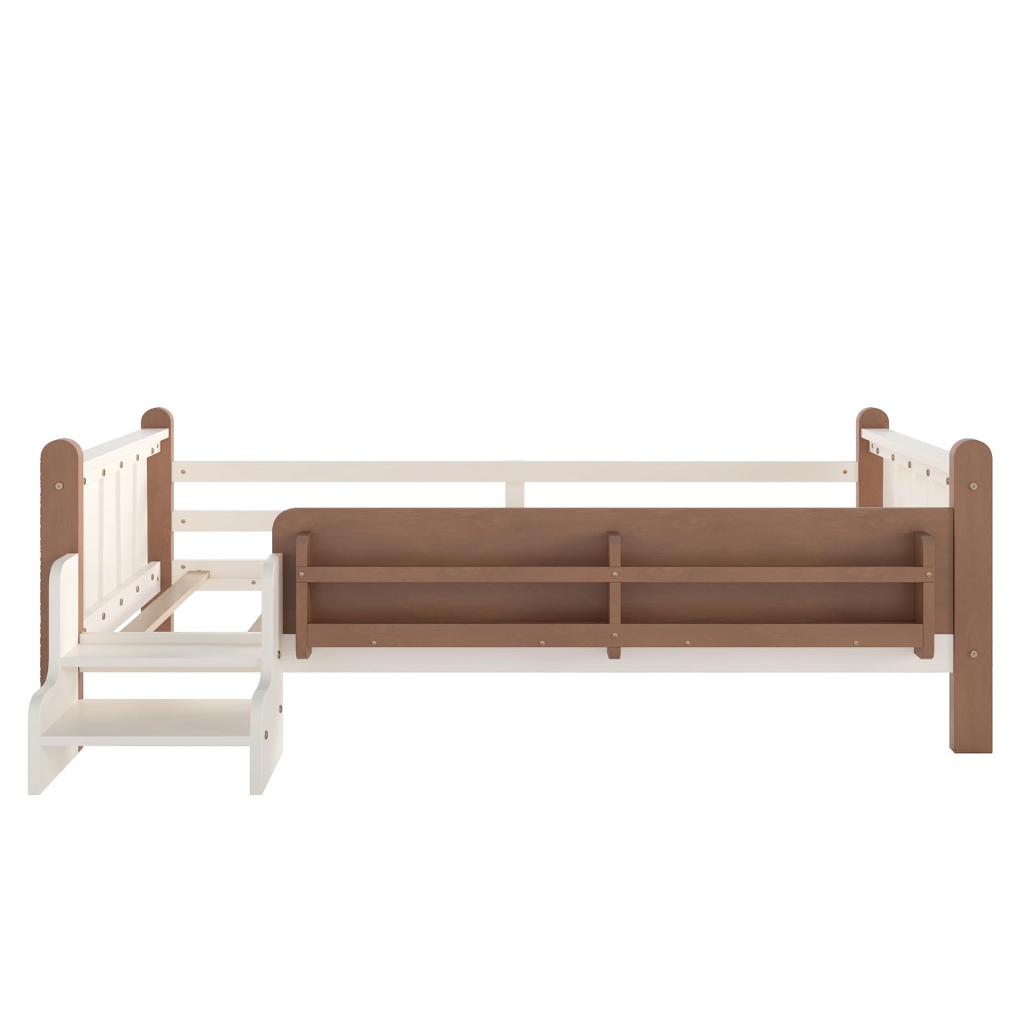 LUMISOL Twin Size Montessori Bed with Storage, Kids Low Bed Frame with Storage and Stairs, Wood Twin Size Platform Bed with Guardrail and Shelves, Beige