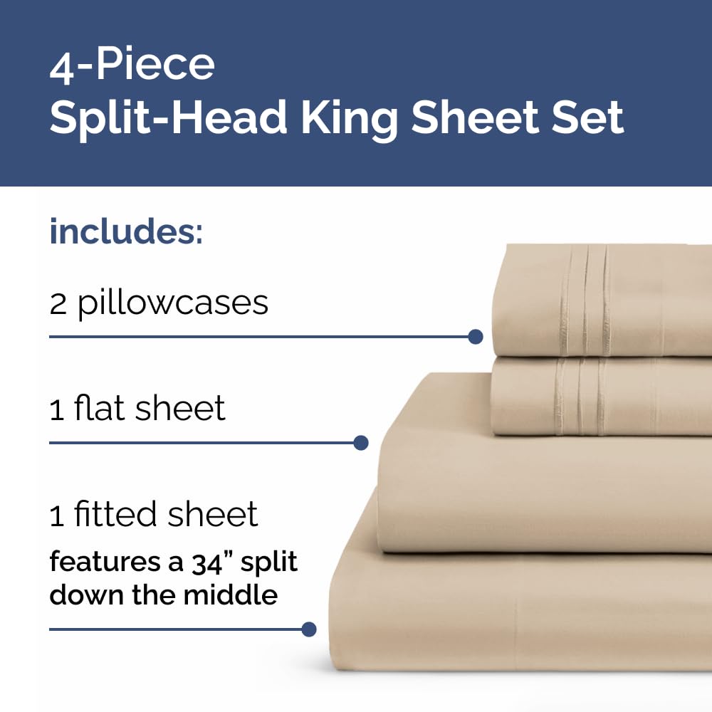 Flex Top Split Head King 4 Piece Sheet Set - Ultra-Soft, Breathable & Cooling Bed Sheets Set - Hotel Luxury Bedding for Women & Men with Deep Pockets - Wrinkle Free & Fade Resistant - Oeko-Tex - Wheat