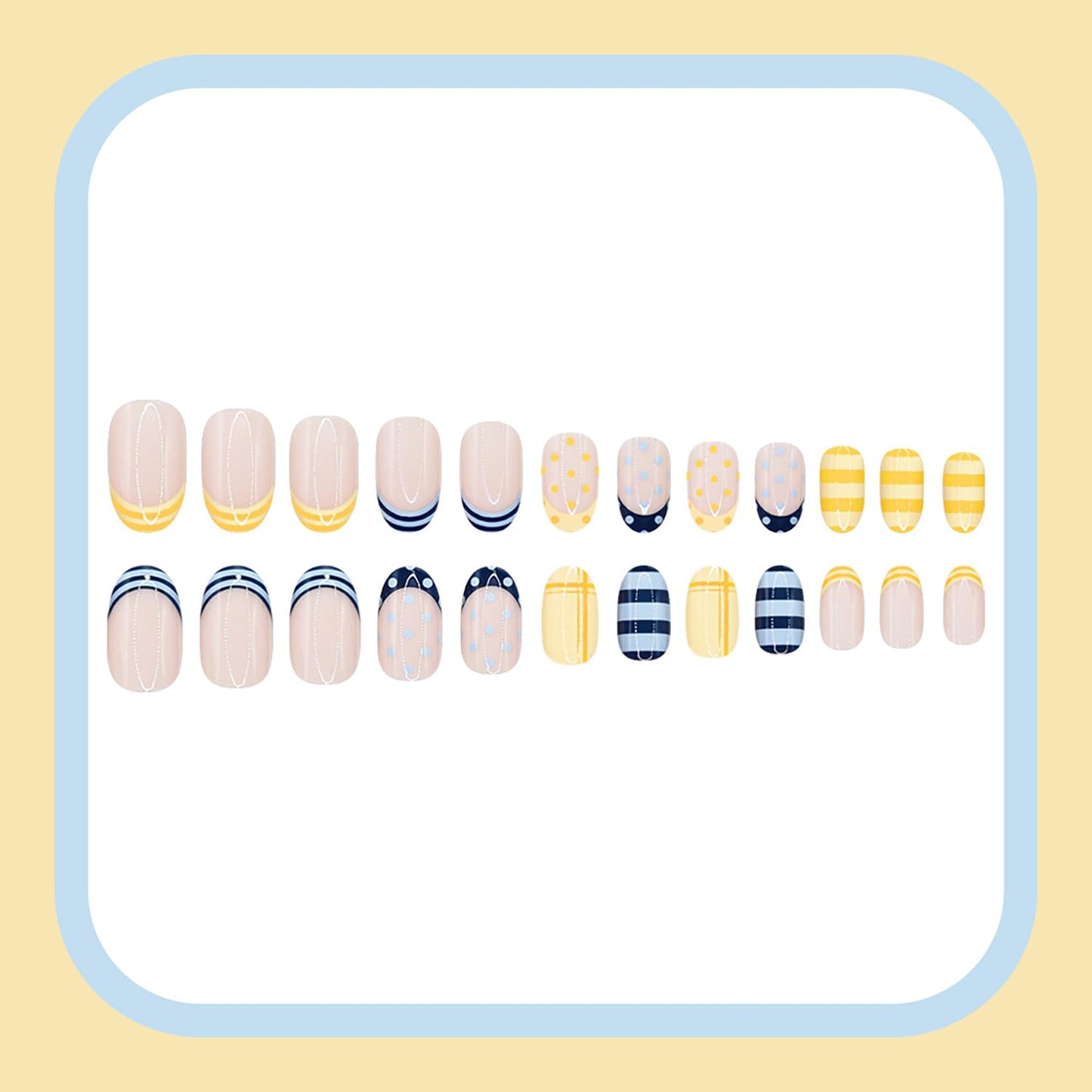 Blue Yellow Press On Nails Short Almond Fake Nails Cute Nails Press Ons With Polka Dot Stripes Designs Artificial Acrylic False Nails Full Cover Glue On Nails French Stick On Nails For Women