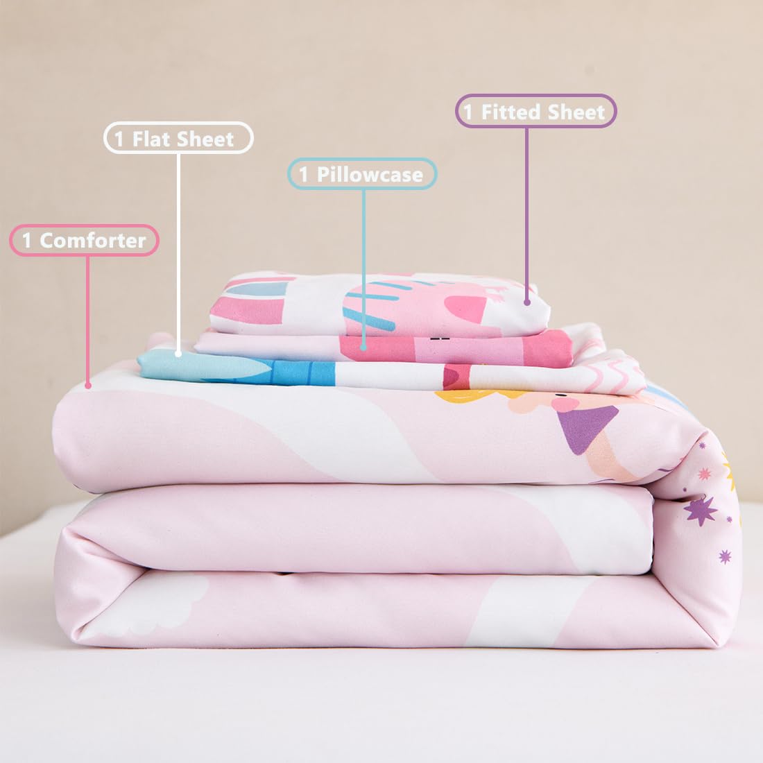 PERFEMET 4 Pieces Girls Toddler Bedding Set Pink Castle Fairy Tales Toddler Comforter Set Reversible Colorful Rainbow Princess Printed Toddler Bed Set with Sheets(Pink, Castle)