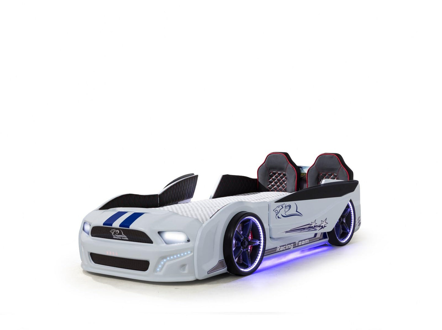 Luxury Race Car Bed for Kids – LED Lights, Sports Car Design, Sound Effects, Twin, Ergonomic & Comfortable Sleeping Experience (White)