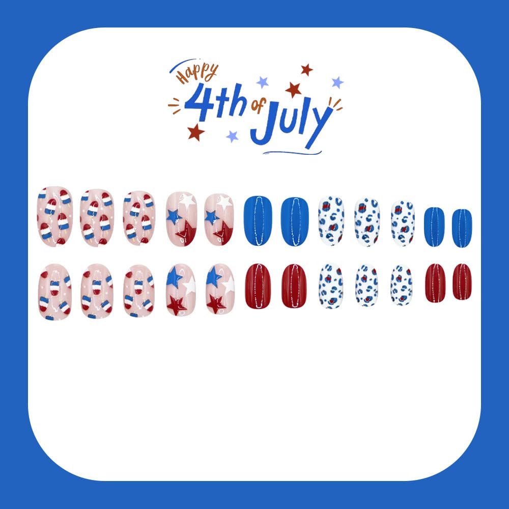 24Pcs Independence Day Press on Nails Short Oval Fake Nails Cute Design Red & Blue Style Acrylic Stick on Nails Star Reusable Glossy Full Cover Glue on Nails for Women 4th of July Manicure Decorations