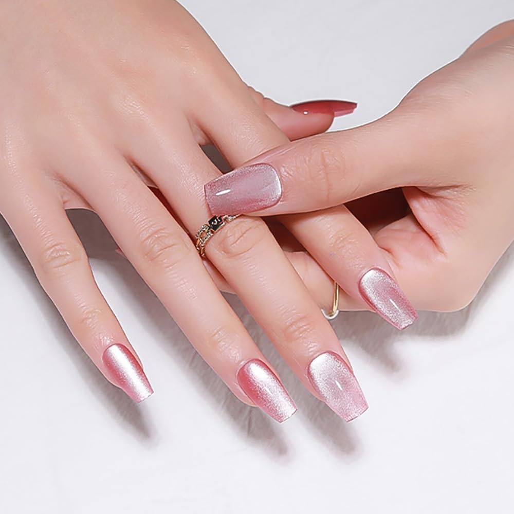 evpct Pink Cat Eye Press on Nails Square Medium Coffin No Glue, Medium Square Stick on Nails for Women, Plum Pink Metallic Glitter Glossy Reusable Spring Summer Press on Acrylic Fake Nail with Design