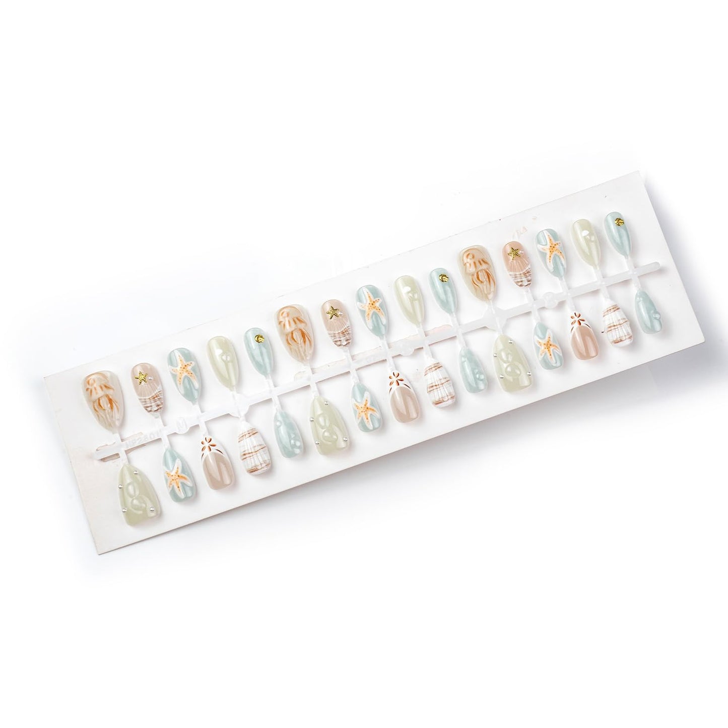 3D Ocean Press on Nails, Medium Almond Beach Fake Nails with Starfish, Jellyfish, Shell, Pearl Designs, Glossy Summer Reusable False Nails with Glue Tabs - 30Pcs Nail Kit for Women