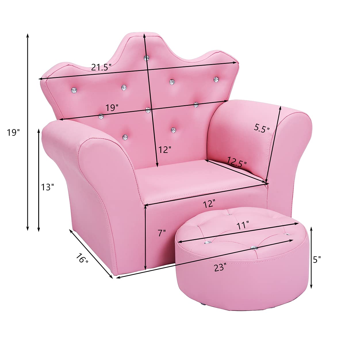 Costzon Kids Sofa, Children Upholstered Sofa with Ottoman, Princess Sofa with Diamond Decoration, Ottoman, Smooth PVC Leather Toddler Chair, Kids Pink Couch for Preschool Boys and Girls Gift (Pink)