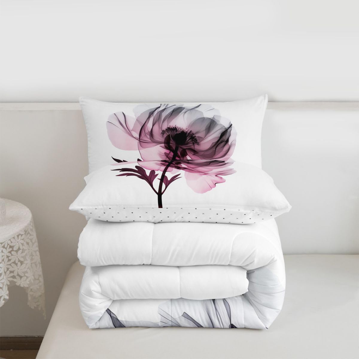 jejeloiu Abstract Flowers Comforter Set Toddler Size Modern Art Bedding Set for Kids Boys Girls Floral Pink Duvet Quilt Bedroom Decor Microfiber 2 Pcs with 1 Pillow Cases