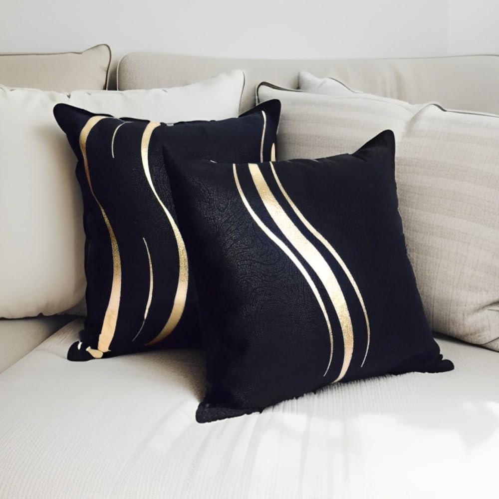 1 Pair Striped Decorative Throw Pillow Case, Polyester Square Pillow Sofa Cushion Cover, Set of 2(Black and Gold, 18 x 18 Inch)