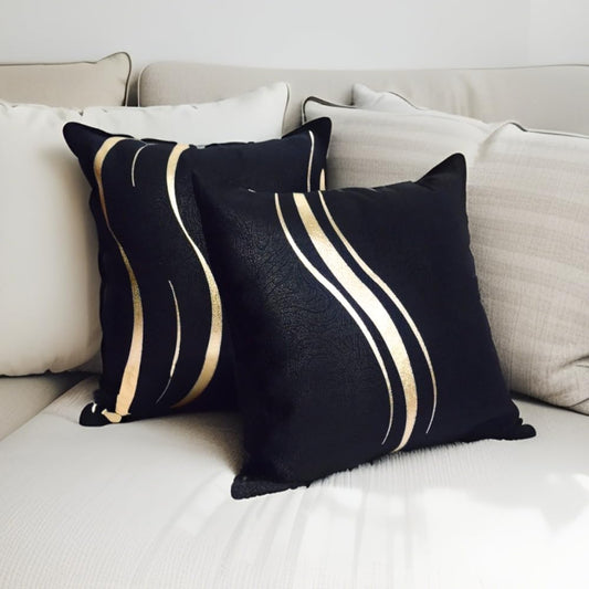 1 Pair Striped Decorative Throw Pillow Case, Polyester Square Pillow Sofa Cushion Cover, Set of 2(Black and Gold, 18 x 18 Inch)