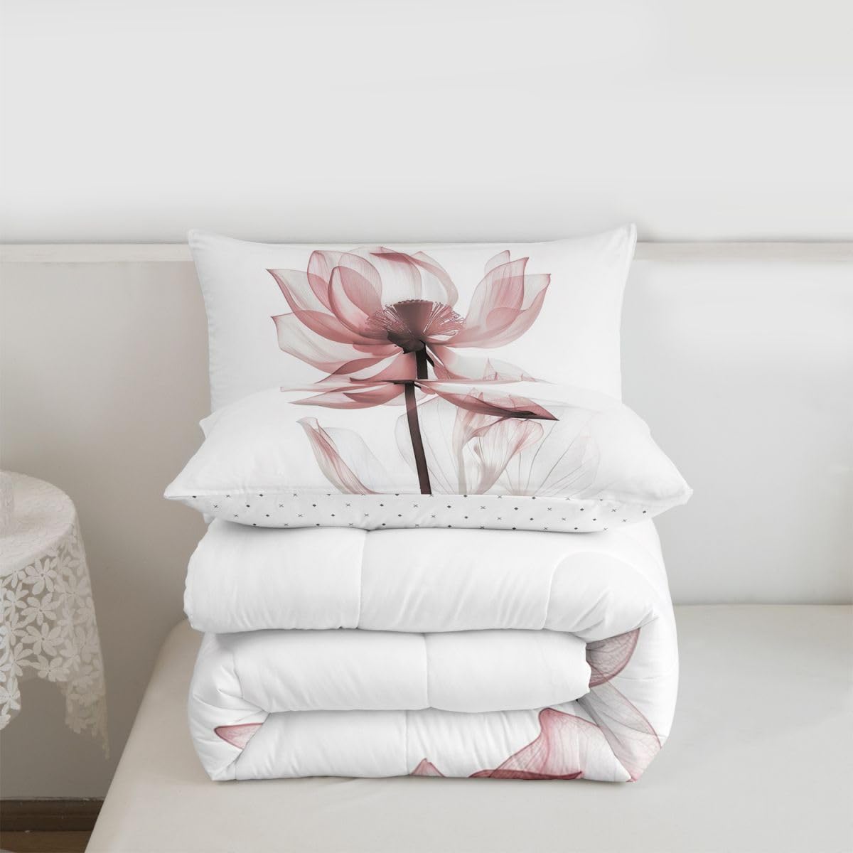 jejeloiu Abstract Floral Comforter Set All Season Modern Art Bedding Set with 1 Pillow Cases Pink Flower Microfiber Kids Toddler Bedclothes Bedroom Decor Duvet Quilt Breathable Soft Lightweight
