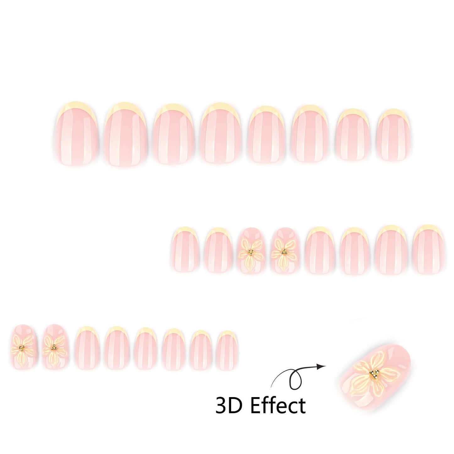 Short 3D Floral Oval Press‑On Nails — Short Oval Reusable Full‑Cover False Nails, Nude Pink Translucent Base, Cream French Tip, Salon‑Quality, Easy‑Apply Tabs, Ideal for Women & Girls