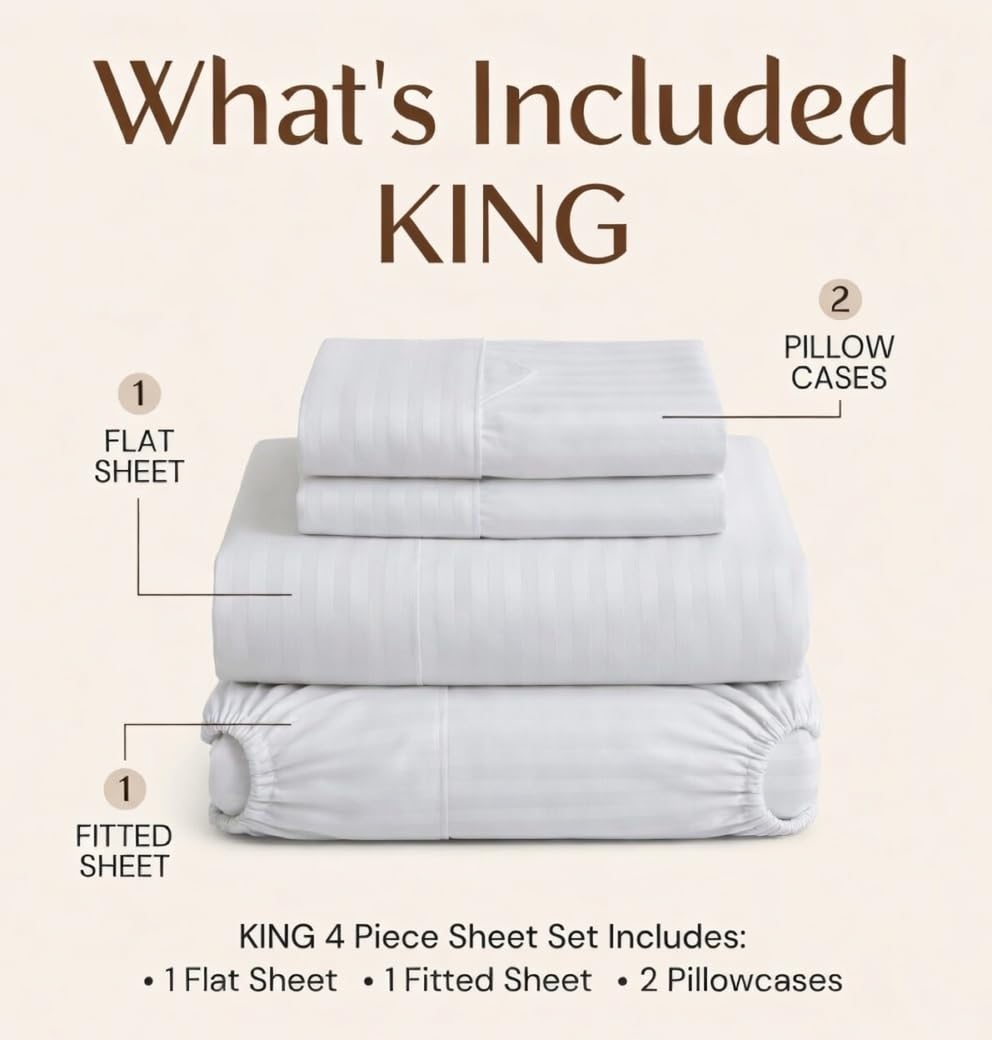 SHAC HOMES King Sheet Set 4 Piece – Oeko-TEX Certified, Soft Brushed Microfiber, Deep Pocket 8"–12", Wrinkle & Fade Resistant, Breathable Cooling Sheets, Hotel Dobby Stripe – White