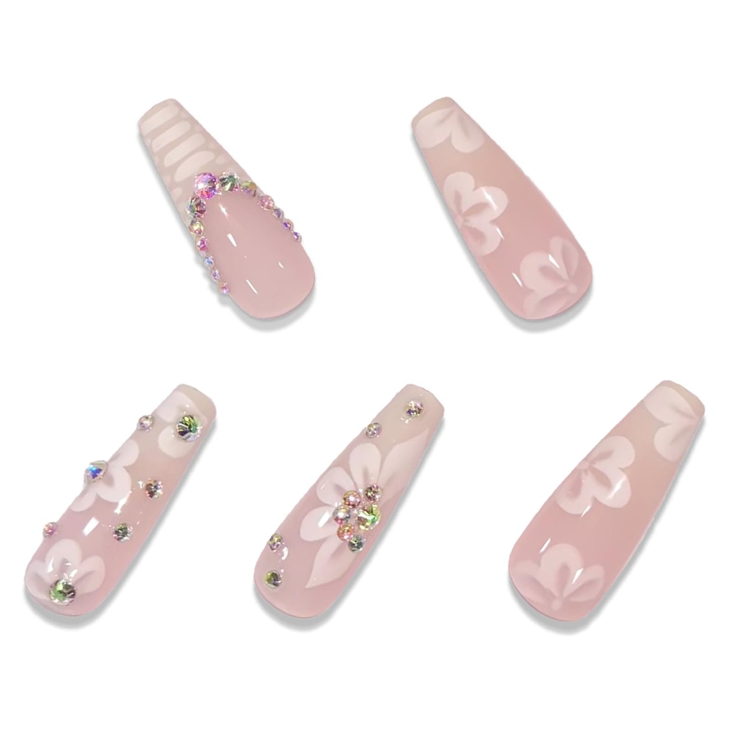 BABALAL Long Coffin Press on Nails - White French Tip Fake Nails Glue on Rhinestone Flower Acrylic Stick on Nail for Women and Girls