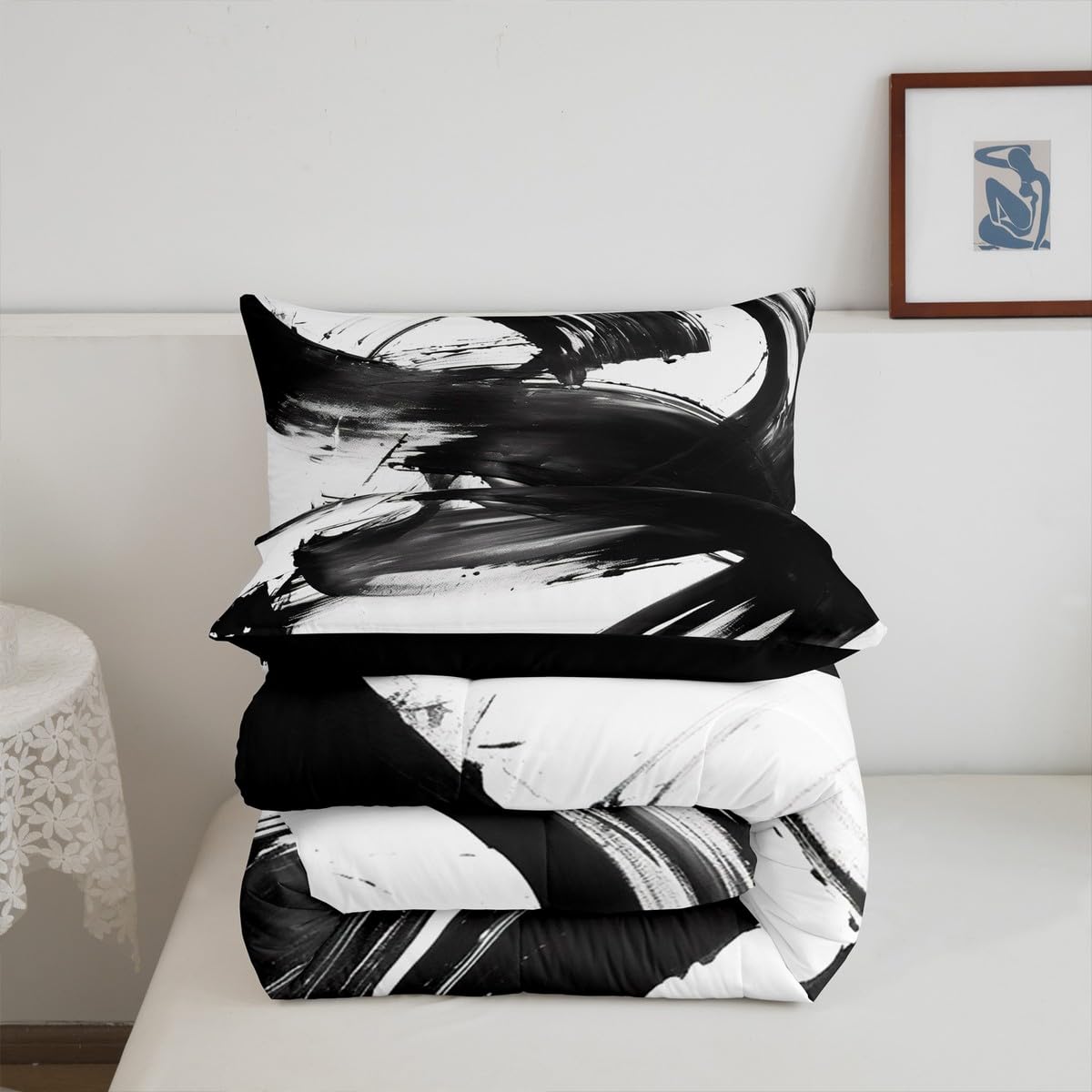 jejeloiu Black White Comforter Set Twin Size Abstract Line Bedding Set for Kids Boys Girls Decor Modern Art Duvet Quilt Soft Microfiber Bedroom Decor,with 1 Pillow Case