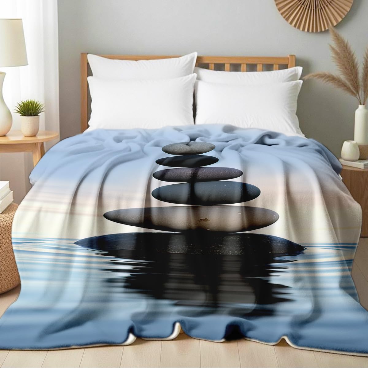 HUNXIAOJ Zen Stone Print Blanket Throw Soft Spa Zen Flannel Blanket for Home Bedding Couch Bed Yoga Room Meditation Decor Gifts (49"x59")