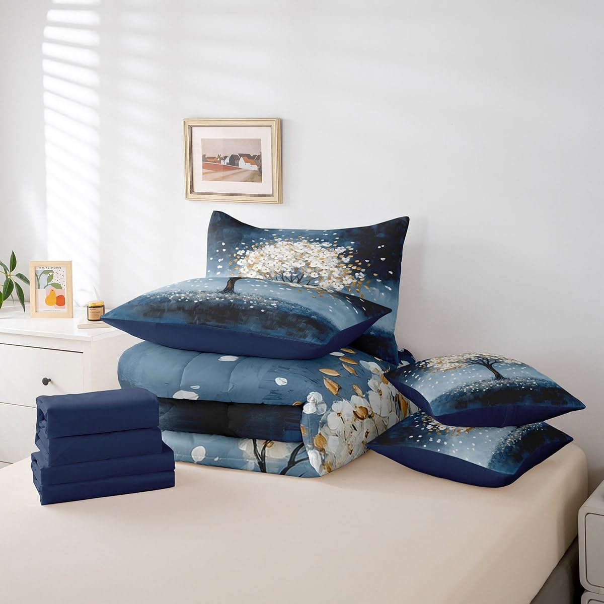White Tree Branches Pattern 7 Pieces Bedding Set Twin Size Kids Leaf Branches Bed in a Bag with Comforter, Sheets, Pillowcases Fallen Leaves Bed Set Breathable Botanical Room Comforter Set with Sheets
