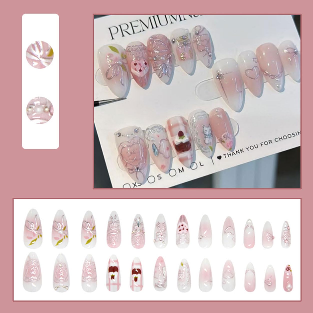 Press on Nails Almond Medium White Fake Nails French Tip False Nails Press ons with Flower Bow Design Glue on Nails Artificial Acrylic Nail Art Glossy Full Cover Stick on Nail Supplies for Women 24Pcs