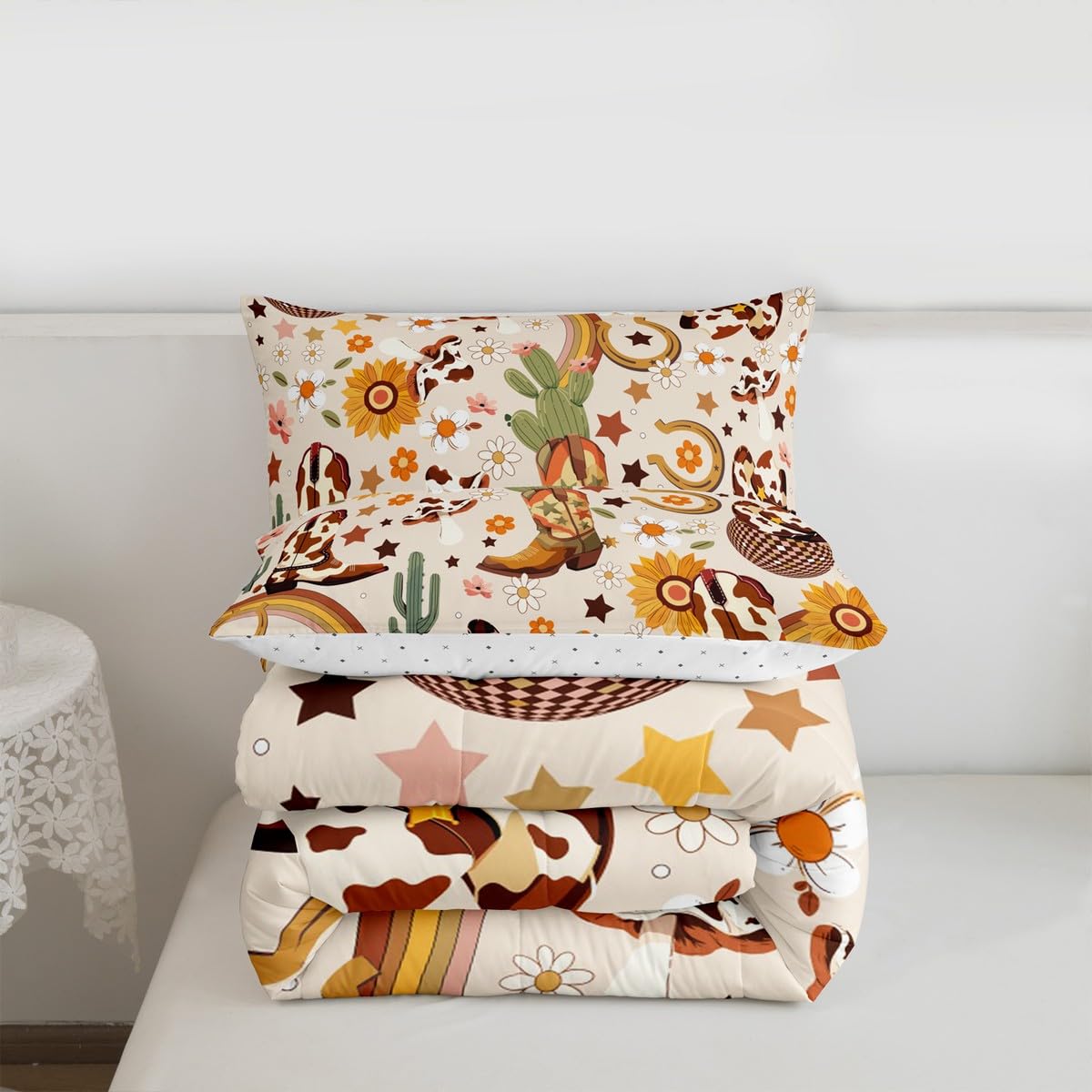 Feelyou Western Bedding Set Soft for Boys Girls, Cowgirl Floral Comforter Set Full Size Western Cowboy Boots Duvet Quilt Wild West Cactus Flower Bedroom Decor Light Beige 3 Pcs with 2 Pillow Cases