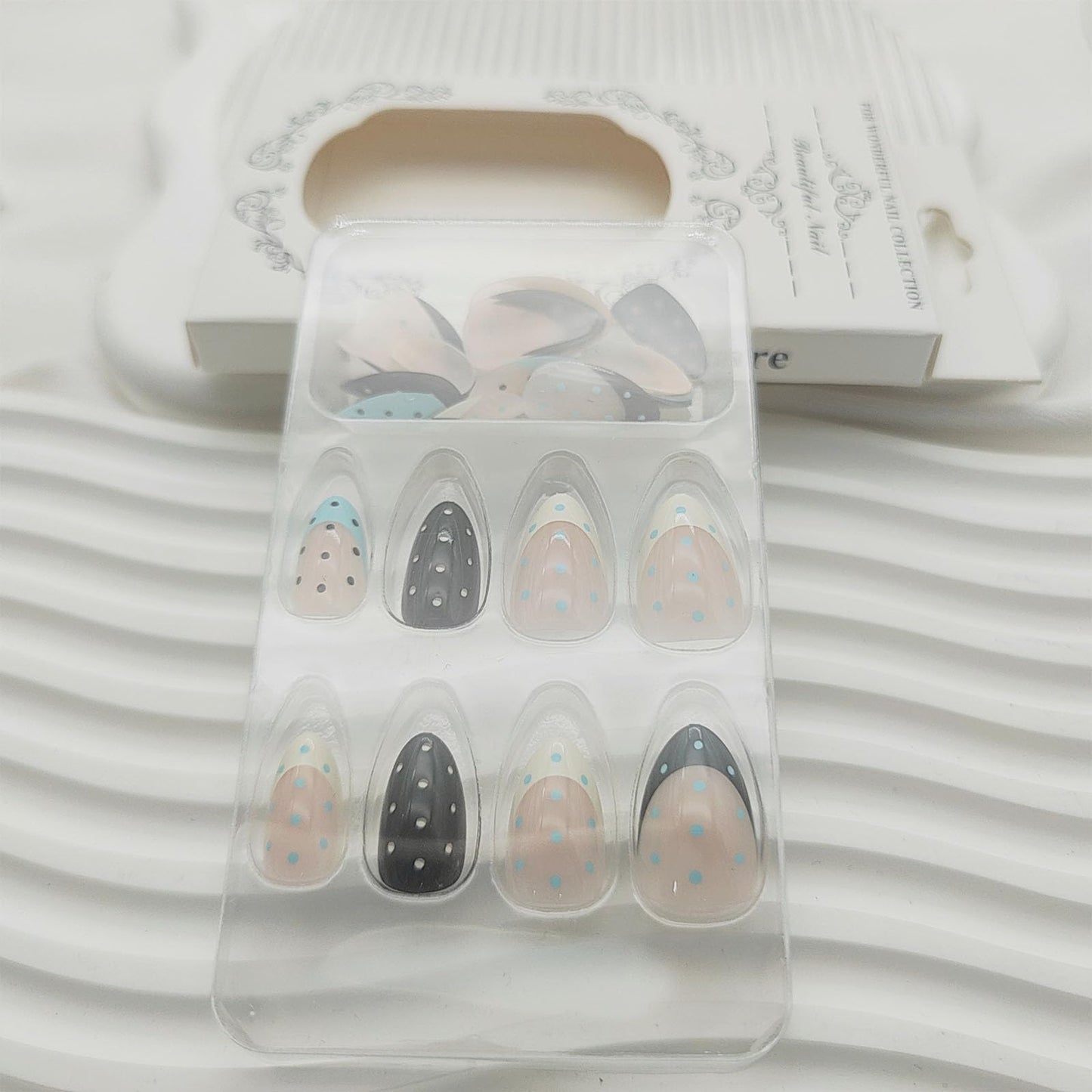 Polka Dot French Tip Press on Nails Short Almond Fake Nails Black White Blue Stick on Nail Full Cover Reusable False Nail for Women 24Pcs