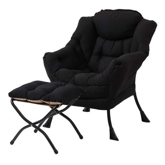 LITA Lazy Chair with Ottoman, Modern Accent Leisure Upholstered Sofa Chair, Contemporary Lounge Reading Chairs with Armrests and a Side Pocket for Living Room, Bedroom & Small Space, Black