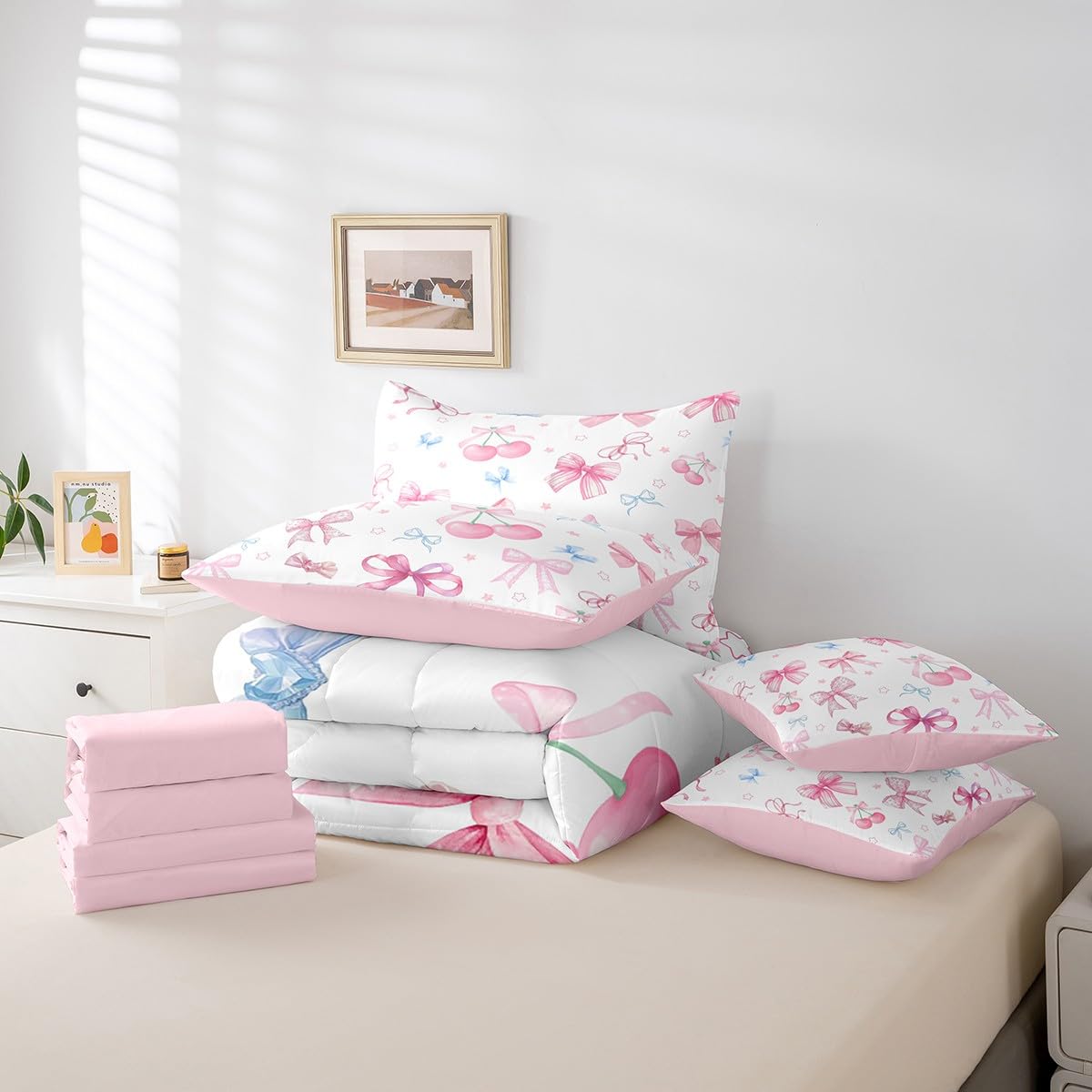7 Pieces Pink Bow Girls Comforter Set Full,Cherry Bowknot Print for Kids Girl Woman,Butterfly Bow Bedding Cute Sweet Princess Style Comforter+Fitted+Flat Sheet+2 Pillowcases+2 Throw Pillow Covers