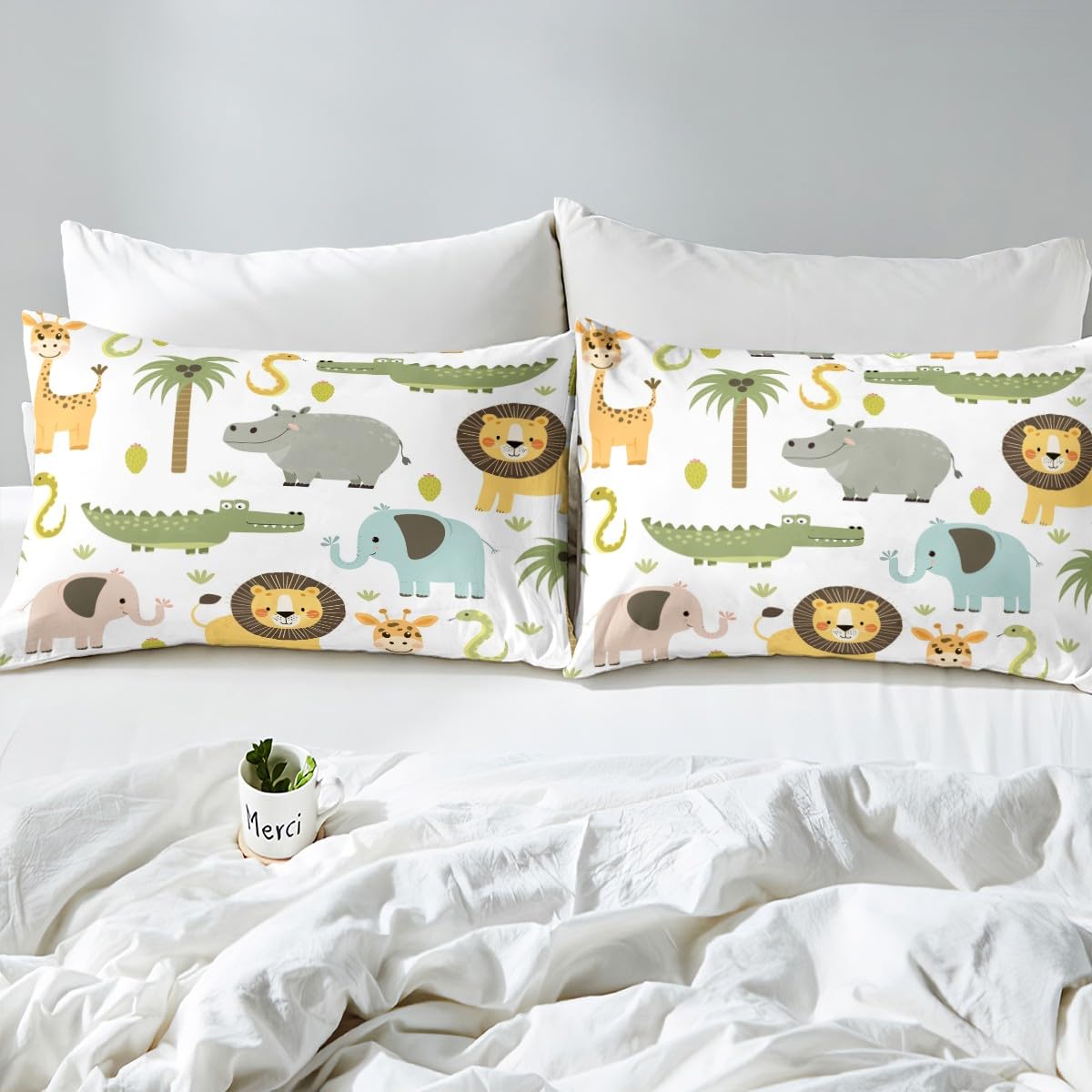 Wild Animals Bedding Set Safari Animals Print Bed Sheet Set for Boys Girls Teens Cute Hippo Crocodile Lion Fitted Sheet Kids Cartoon Elephant Giraffe Bed Cover Room Decor Full Size
