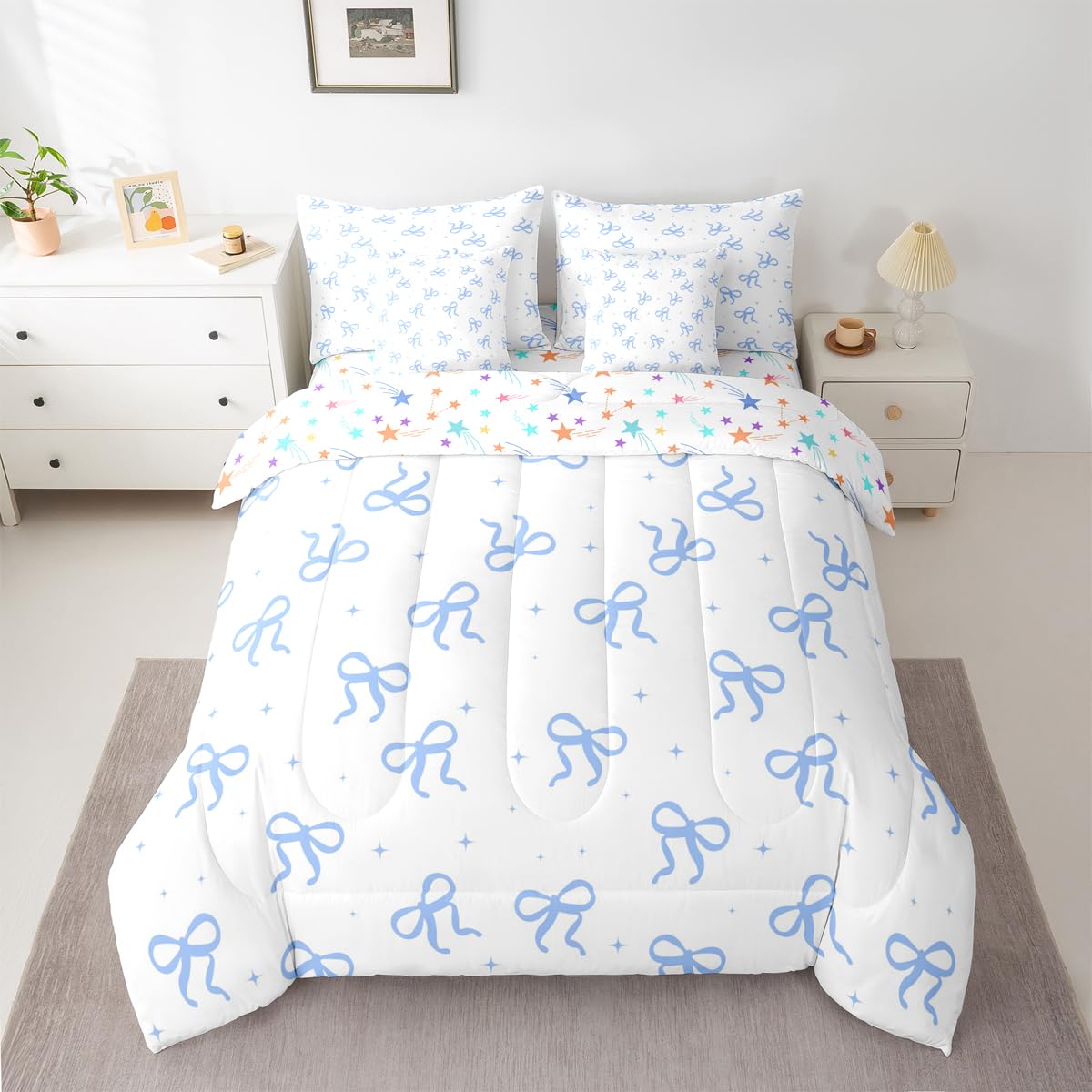 Erosebridal Blue Bow Comforter Set Twin Size (7 Pieces) | Teen Girl Cute Bow Bedding Set with Sheets Girly Trendy Bows Bed in A Bag with Flat and Fitted Sheets Preppy Modern Coquette Quilt Sets