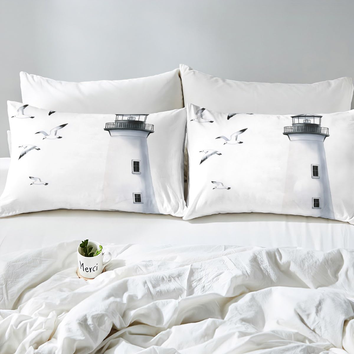 Erosebridal Lighthouse Bedding Set Full Size Nautical Duvet Cover Seagull Comforter Cover Sea Landscape Print Quilt Cover Bedroom Decorative for Kids Boys Girls Teens Adult