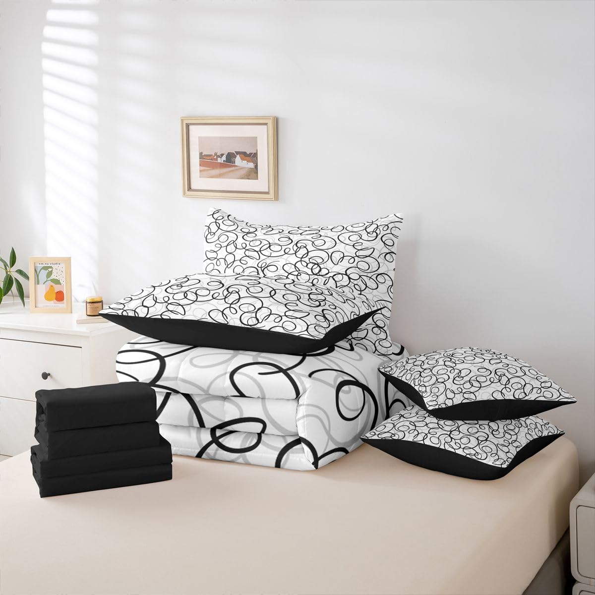 Erosebridal Geometric 7 Piece Comforter Set Queen Bed in A Bag Black Gray White Abstract Swirls Bedding Set for Boys Girls Modern Abstract Texture Bedroom Decor Contemporary Lines Aesthetic Sheet Set