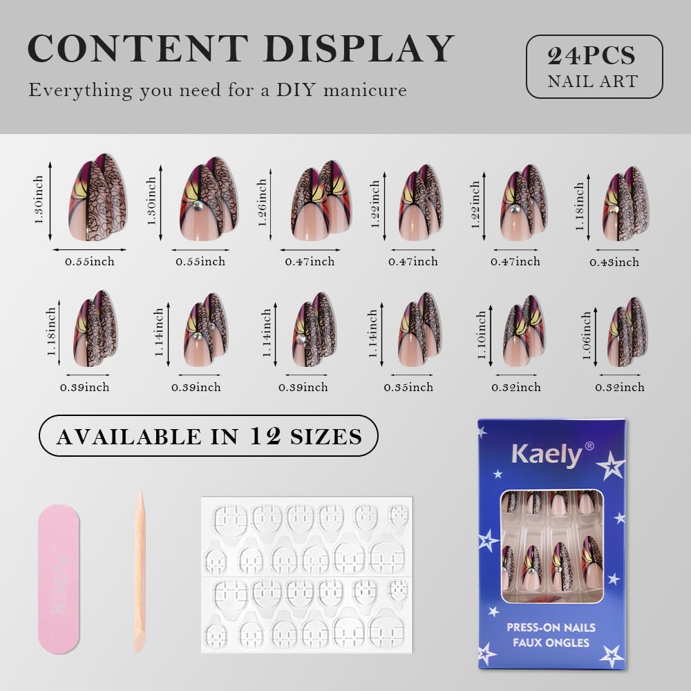 Nude Press on Fake Nails Medium Almond with Black Rose Design, Press on Nails Rheinston Design Reusable Manicure for Women Girls, Perfect Fit Stick on Nail Press ons Glossy Finish, 24Pcs