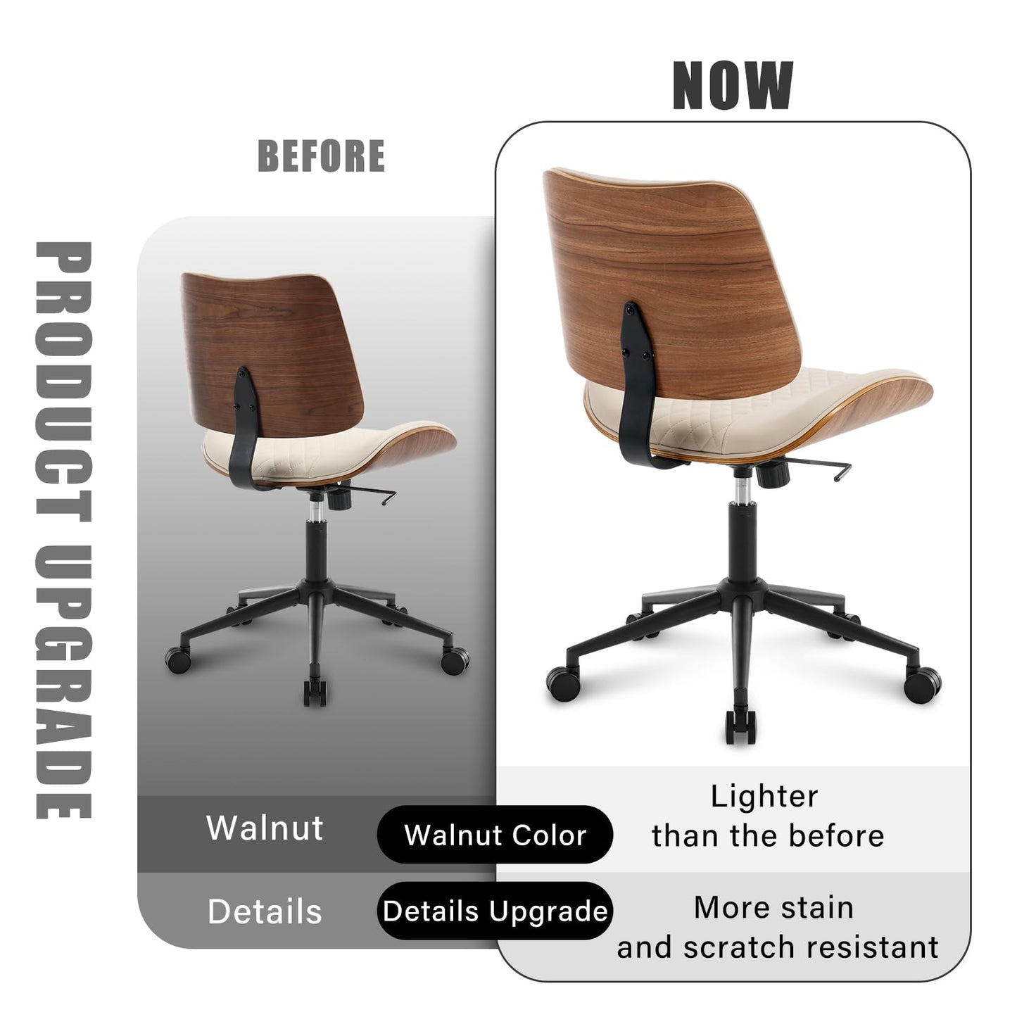BERYTH Home Office Chair No Arms with Wheels, Adjustable Height Small Desk Chair, PU Leather Mid Back 360 Swivel Computer Chair, Armless Modern Walnut Chair for Office, Reading Meeting Room(Beige)