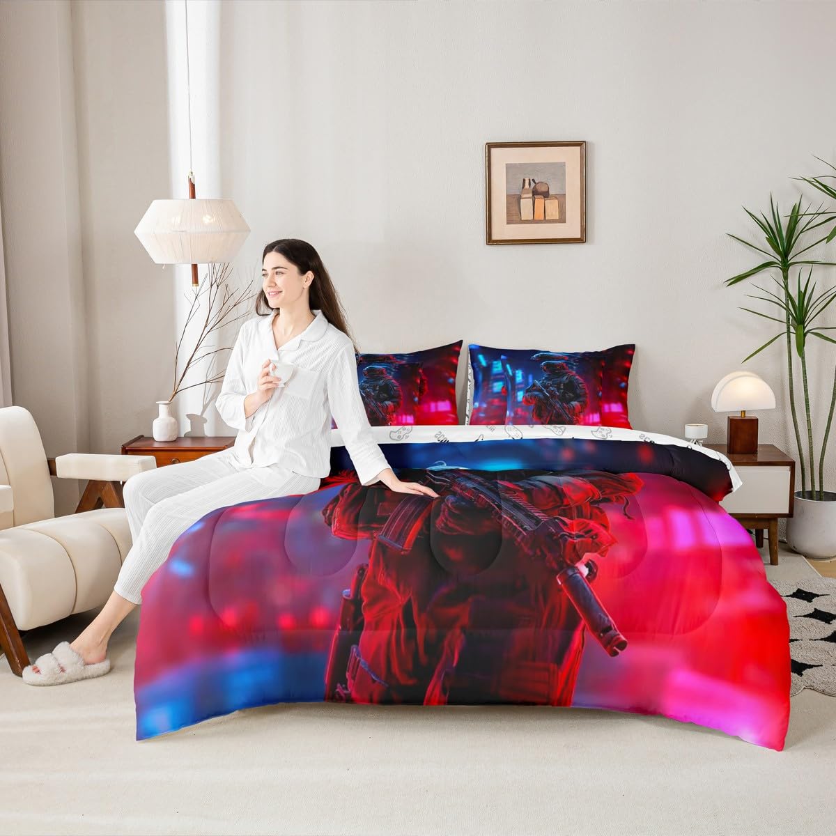 jejeloiu Soldier Comforter Set Twin Size 7 Pieces Army Rifle Machine Gun Bedding Set for Kids Boys Girls Military Themed Bed in a Bag Bedroom Decor All Season Quilted Breathable Soft Lightweight