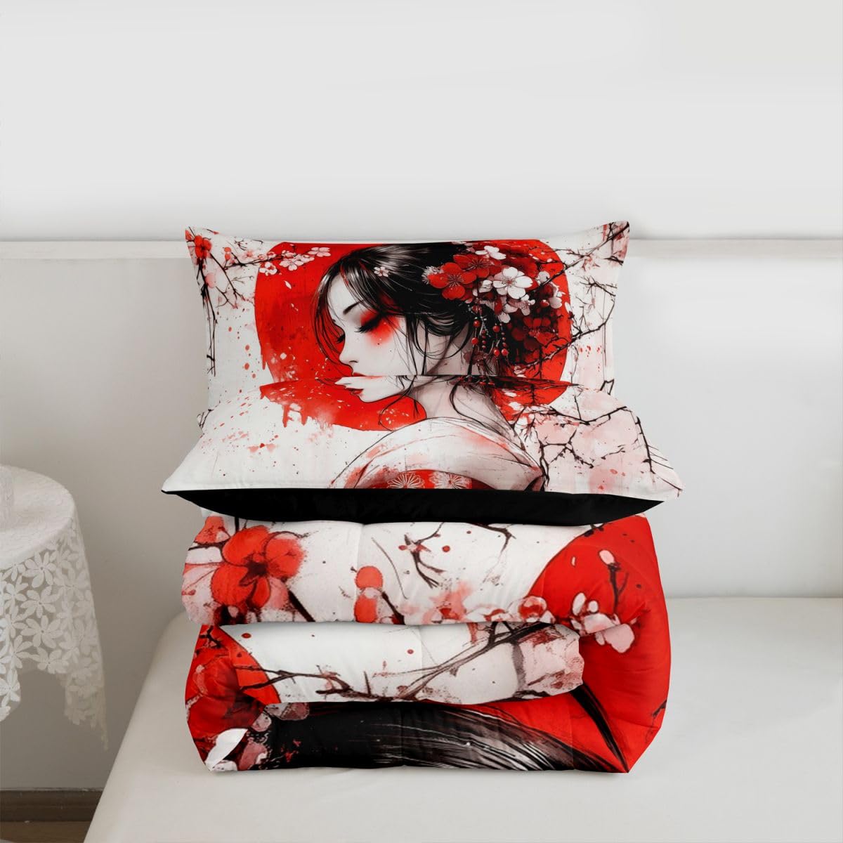 jejeloiu Japanese Geisha Comforter Set All Season Japanese Ukiyoe Bedding Set with 2 Pillow Cases Cherry Blossom Microfiber Kids Queen Bedclothes Red Sun Bedroom Decor Duvet Quilt Breathable Soft